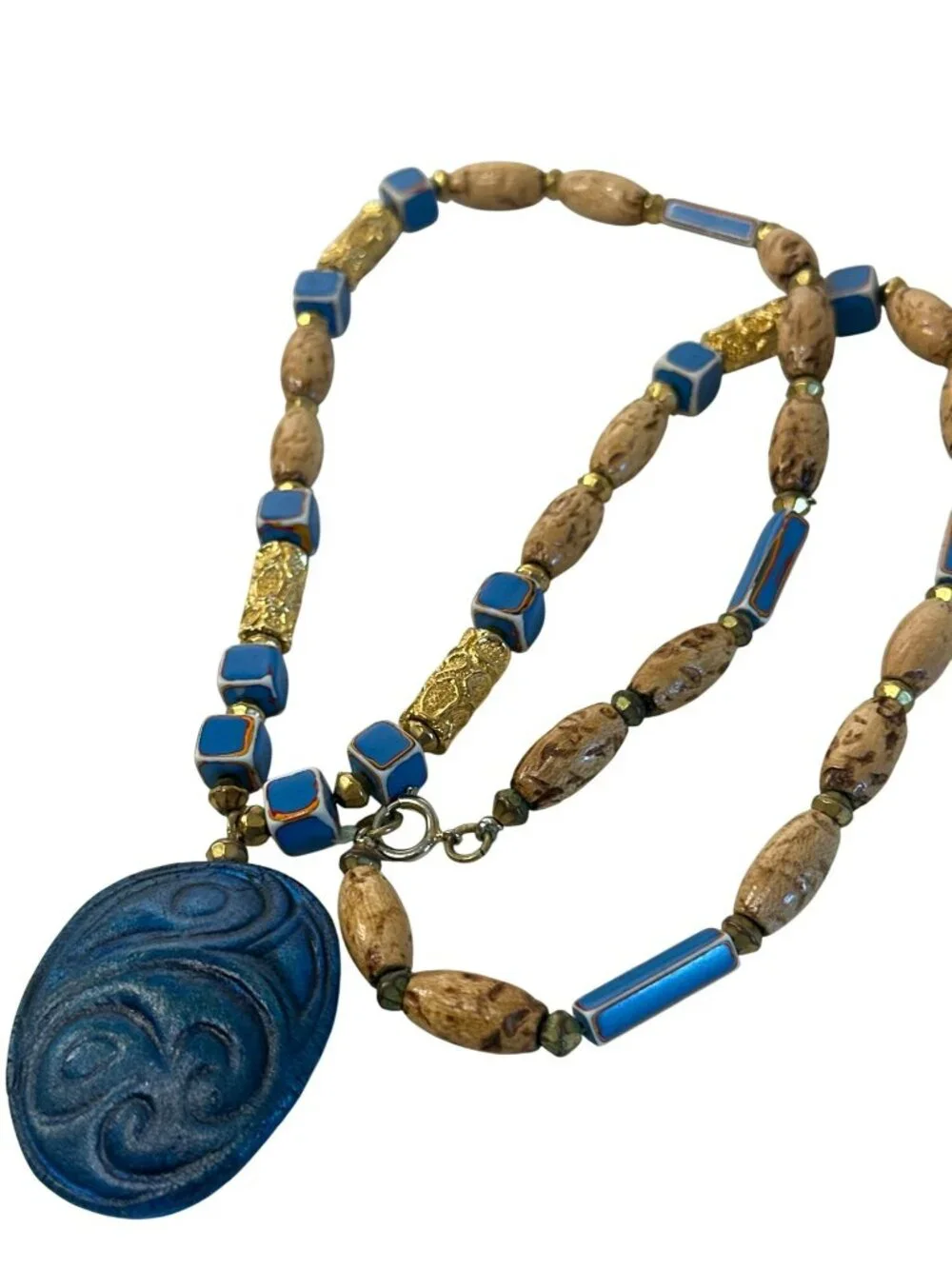 Handcrafted Carved Pendant Beaded Necklace Blue Tribal Bird Artsy VTG 27
